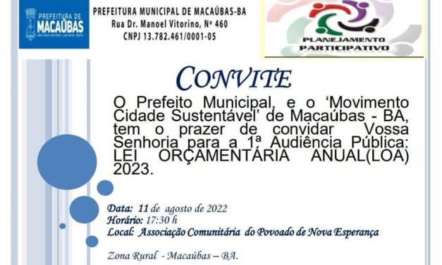 CONVITE: 1ª AUDIÊNCIA PÚBLICA LEI ORÇAMENTARIA ANUAL (LOA) 2023