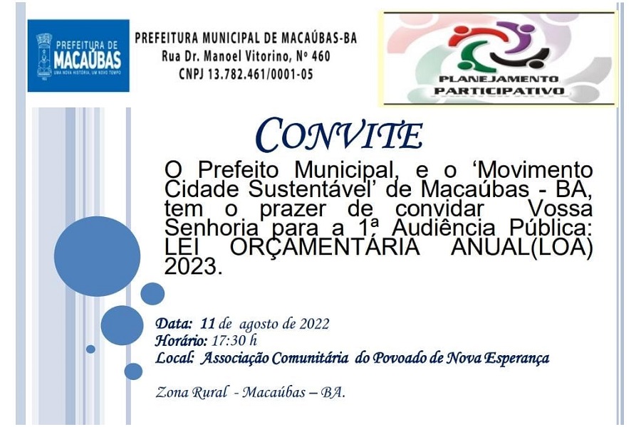 CONVITE: 1ª AUDIÊNCIA PÚBLICA LEI ORÇAMENTARIA ANUAL (LOA) 2023